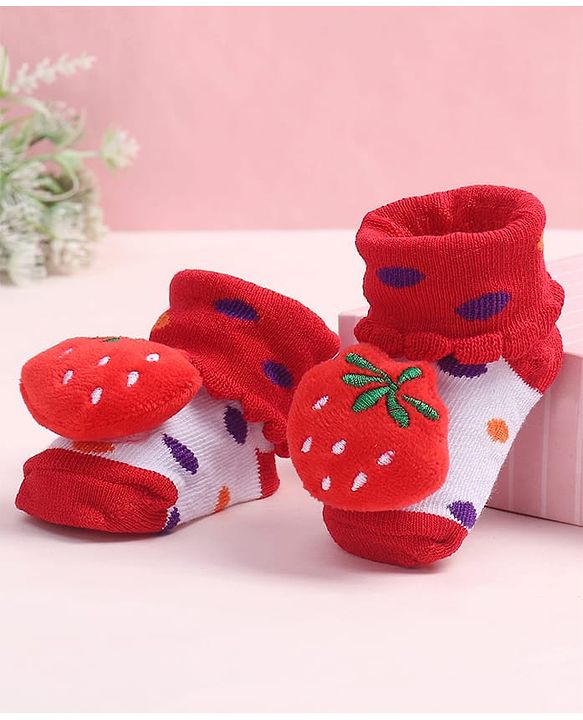 Cute Walk by Babyhug Fabric Ankle Length Socks Shoes with Polka Dots Design & Strawberry Applique- Red & White