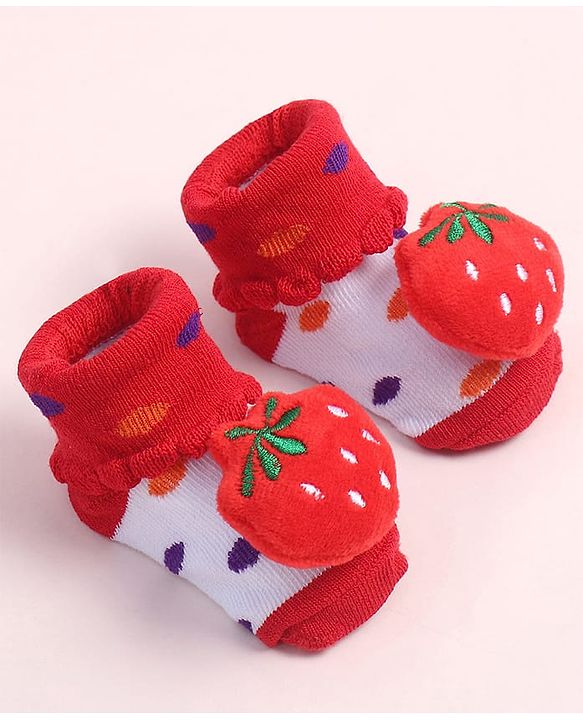 Cute Walk by Babyhug Fabric Ankle Length Socks Shoes with Polka Dots Design & Strawberry Applique- Red & White