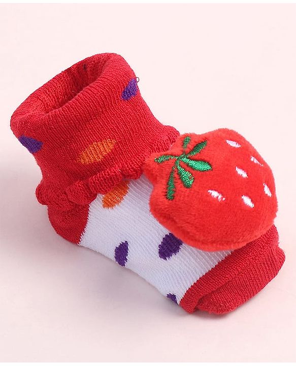 Cute Walk by Babyhug Fabric Ankle Length Socks Shoes with Polka Dots Design & Strawberry Applique- Red & White