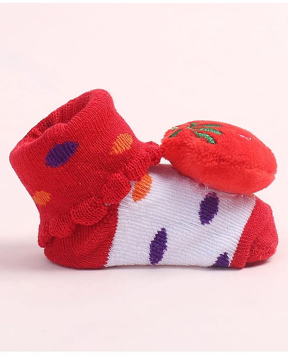 Cute Walk by Babyhug Fabric Ankle Length Socks Shoes with Polka Dots Design & Strawberry Applique- Red & White