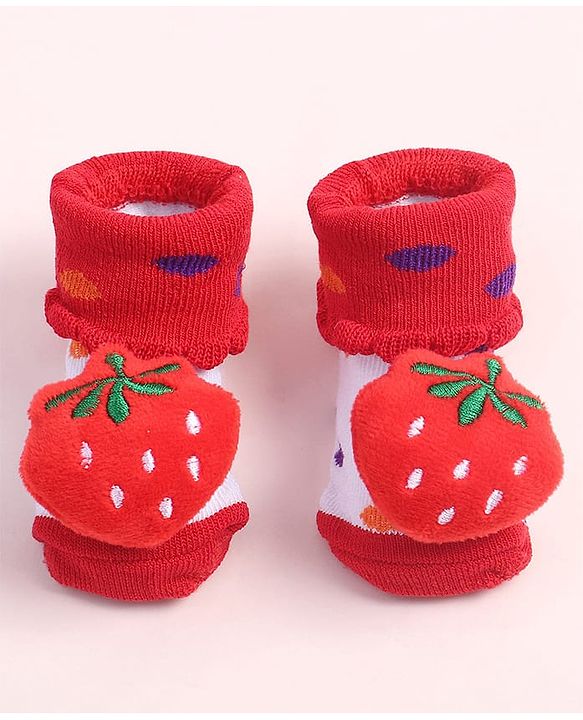 Cute Walk by Babyhug Fabric Ankle Length Socks Shoes with Polka Dots Design & Strawberry Applique- Red & White