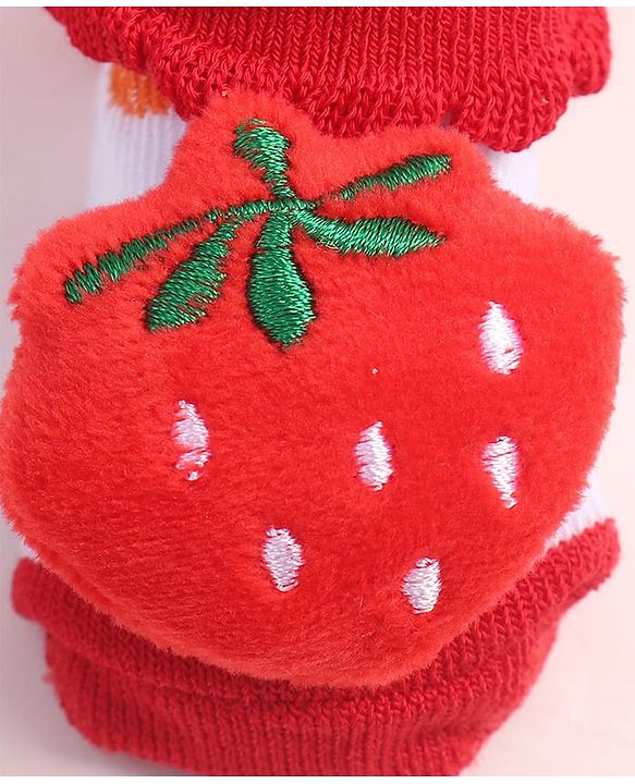 Cute Walk by Babyhug Fabric Ankle Length Socks Shoes with Polka Dots Design & Strawberry Applique- Red & White