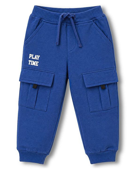 Babyhug 100% Cotton Terry Knit Full Length Text Printed Lounge Pant -Blue
