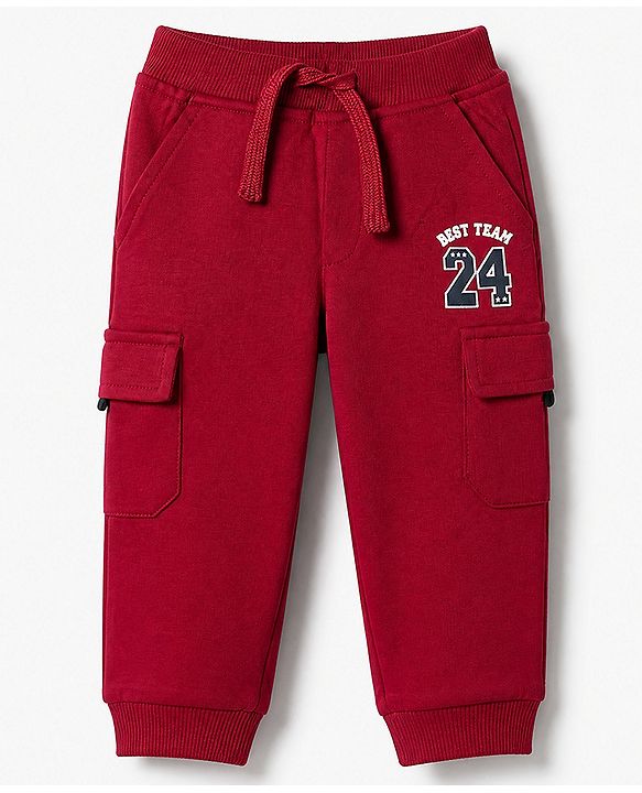 Babyhug Cotton Terry Knit Jogger Fit Full Length Lounge Pants with Best Team 24 Print in Maroon