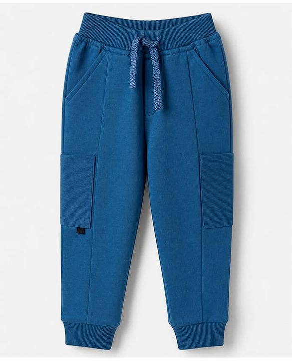Babyhug Cotton Terry Knit Full Length Solid Lounge Pant - Blue