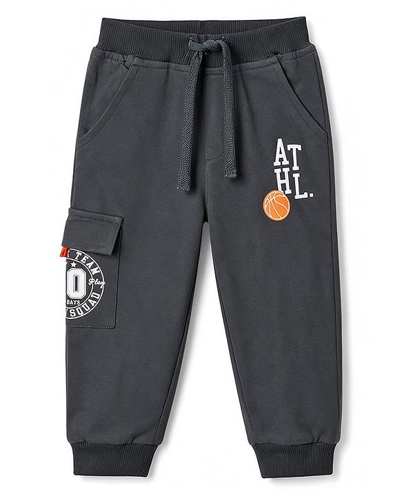 Babyhug 100% Cotton Terry Knit Full Length Text Printed Lounge Pant - Charcoal Grey