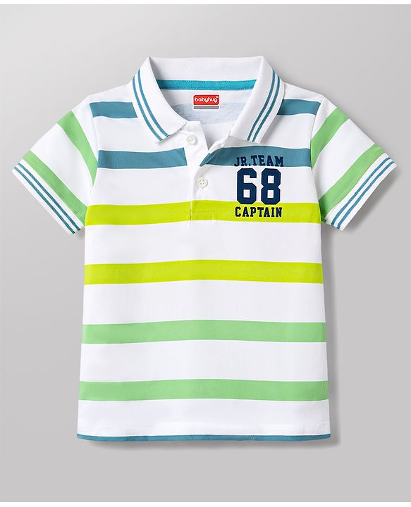 Babyhug 100% Cotton Knit Polo T-Shirt Striped with Graphics Multi Color 6-9 Months
