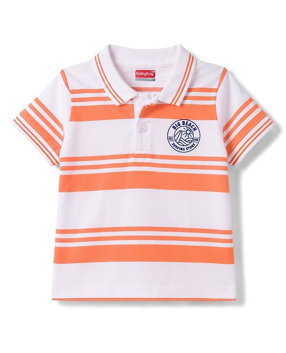 Babyhug Cotton Knit T-Shirt Half Sleeves Striped Polo with Graphics Multi Color 6-9 Months