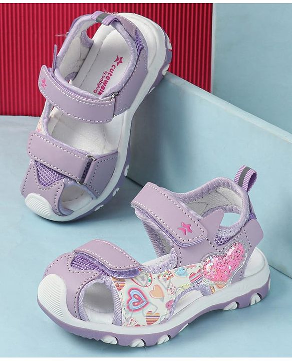 Cute Walk by Babyhug Velcro Closure Sandals with Heart Print - Purple