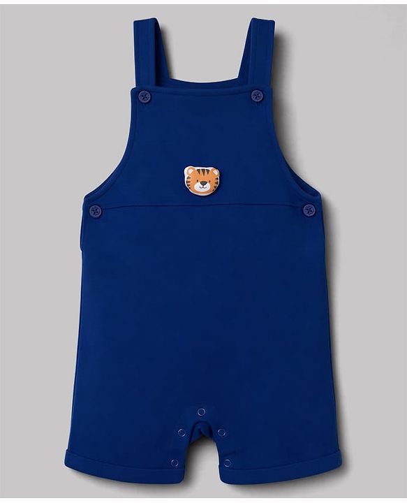 Babyhug 100% Cotton Single Jersey Knit Half Sleeves Striped Dungaree & T-Shirt with Cub Face Applique - Navy