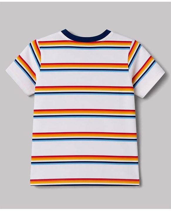 Babyhug 100% Cotton Single Jersey Knit Half Sleeves Striped Dungaree & T-Shirt with Cub Face Applique - Navy