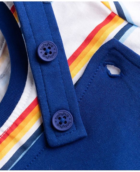 Babyhug 100% Cotton Single Jersey Knit Half Sleeves Striped Dungaree & T-Shirt with Cub Face Applique - Navy