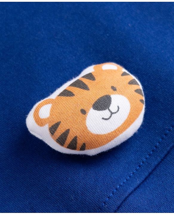 Babyhug 100% Cotton Single Jersey Knit Half Sleeves Striped Dungaree & T-Shirt with Cub Face Applique - Navy