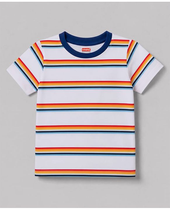 Babyhug 100% Cotton Single Jersey Knit Half Sleeves Striped Dungaree & T-Shirt with Cub Face Applique - Navy
