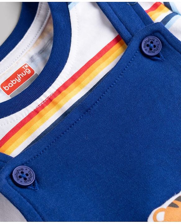 Babyhug 100% Cotton Single Jersey Knit Half Sleeves Striped Dungaree & T-Shirt with Cub Face Applique - Navy