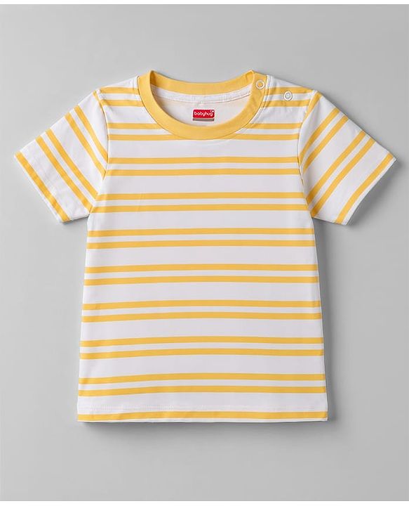 Babyhug 100% Cotton Knit Half Sleeves Striped & Text Embroidered Dungaree Set With T-Shirt - Khaki