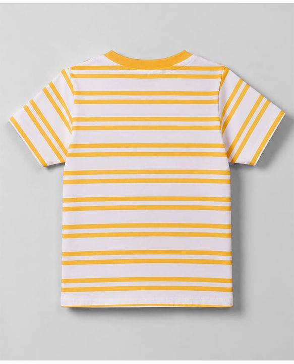 Babyhug 100% Cotton Knit Half Sleeves Striped & Text Embroidered Dungaree Set With T-Shirt - Khaki