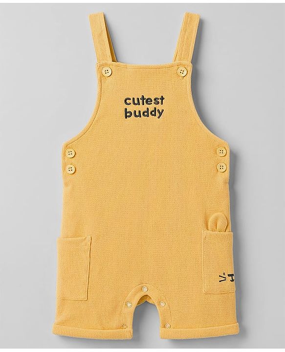 Babyhug 100% Cotton Knit Half Sleeves Striped & Text Embroidered Dungaree Set With T-Shirt - Khaki
