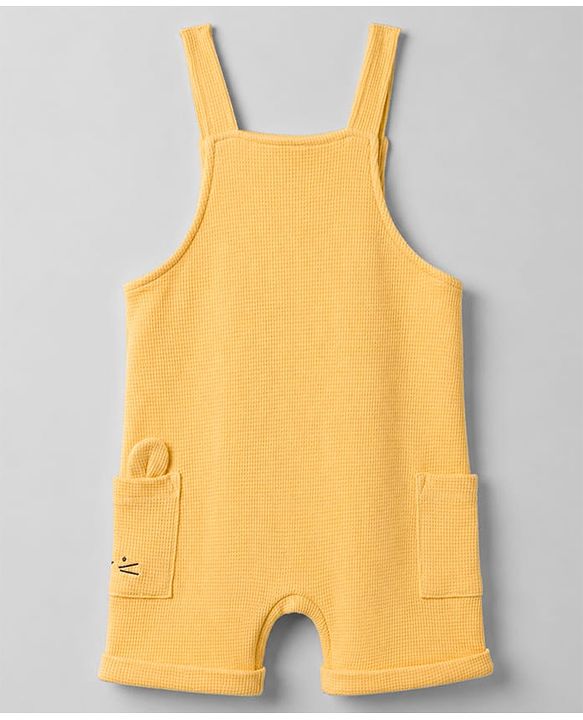Babyhug 100% Cotton Knit Half Sleeves Striped & Text Embroidered Dungaree Set With T-Shirt - Khaki