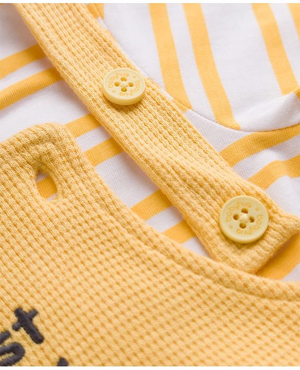 Babyhug 100% Cotton Knit Half Sleeves Striped & Text Embroidered Dungaree Set With T-Shirt - Khaki