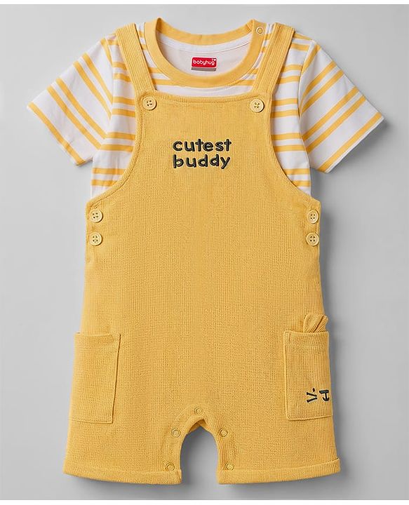 Babyhug 100% Cotton Knit Half Sleeves Striped & Text Embroidered Dungaree Set With T-Shirt - Khaki