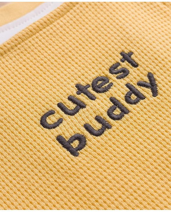 Babyhug 100% Cotton Knit Half Sleeves Striped & Text Embroidered Dungaree Set With T-Shirt - Khaki