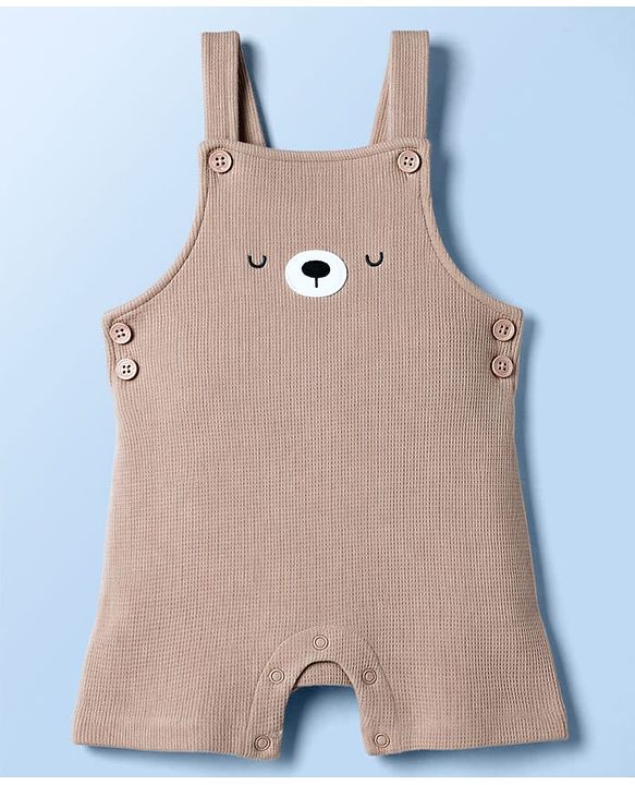 Babyhug 100% Cotton Single Jersey Knit Dungaree & Half Sleeves T-Shirt With Teddy Bear Emboridery - White