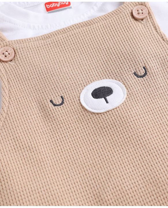 Babyhug 100% Cotton Single Jersey Knit Dungaree & Half Sleeves T-Shirt With Teddy Bear Emboridery - White