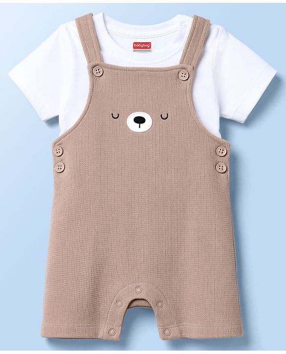 Babyhug 100% Cotton Single Jersey Knit Dungaree & Half Sleeves T-Shirt With Teddy Bear Emboridery - White