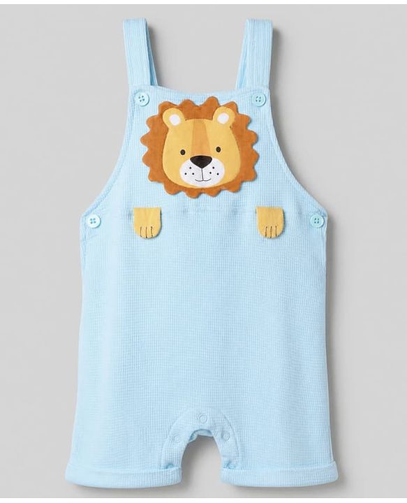 Babyhug 100% Cotton Waffle Knit Half Sleeves Tee and Dungaree with Knee Length and Lion Applique in White for 3-6 Months