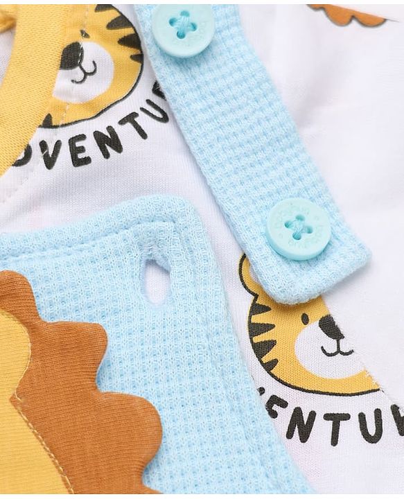 Babyhug 100% Cotton Waffle Knit Half Sleeves Tee and Dungaree with Knee Length and Lion Applique in White for 3-6 Months