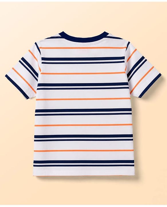 Babyhug 100% Cotton Knit Half Sleeves Striped & Bear Text Printed Dungaree With Inner Tee - Light Blue