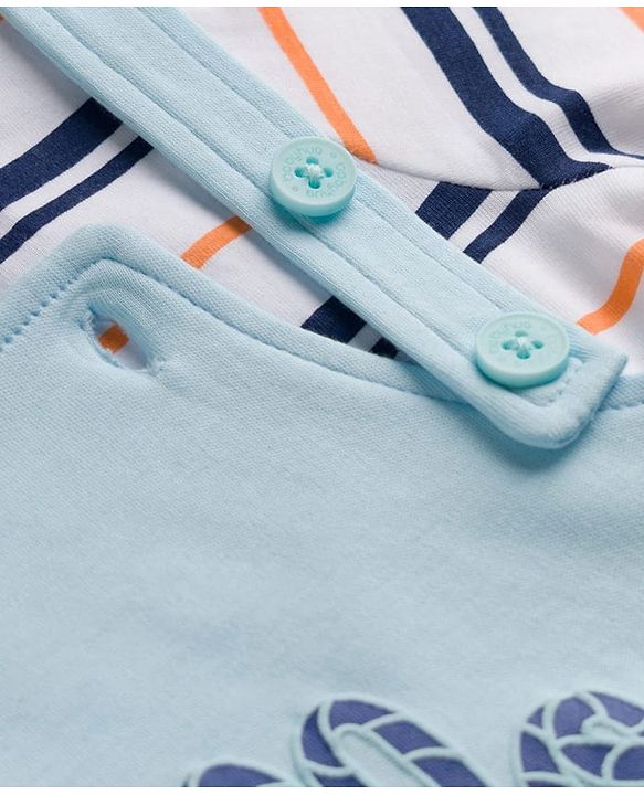 Babyhug 100% Cotton Knit Half Sleeves Striped & Bear Text Printed Dungaree With Inner Tee - Light Blue