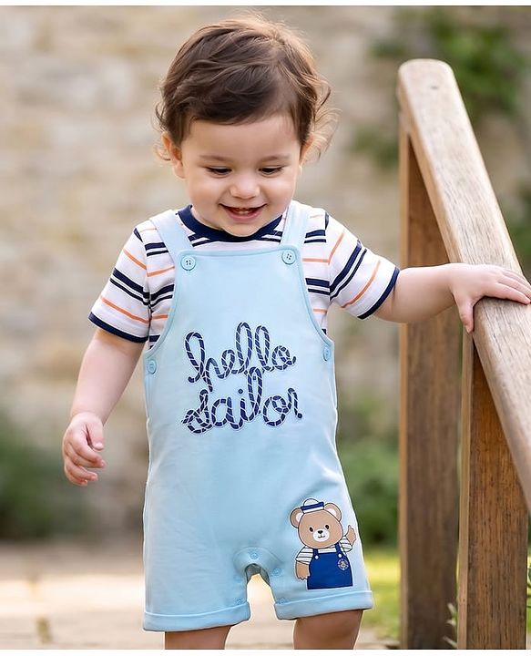 Babyhug 100% Cotton Knit Half Sleeves Striped & Bear Text Printed Dungaree With Inner Tee - Light Blue