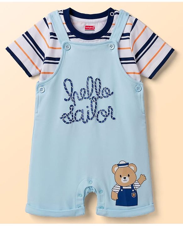 Babyhug 100% Cotton Knit Half Sleeves Striped & Bear Text Printed Dungaree With Inner Tee - Light Blue