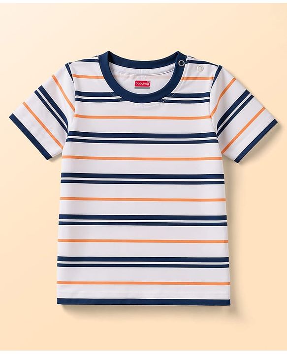 Babyhug 100% Cotton Knit Half Sleeves Striped & Bear Text Printed Dungaree With Inner Tee - Light Blue