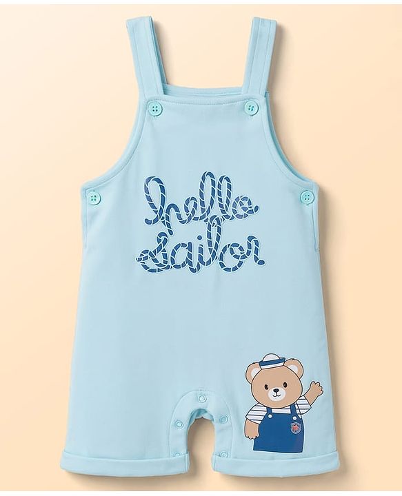Babyhug 100% Cotton Knit Half Sleeves Striped & Bear Text Printed Dungaree With Inner Tee - Light Blue