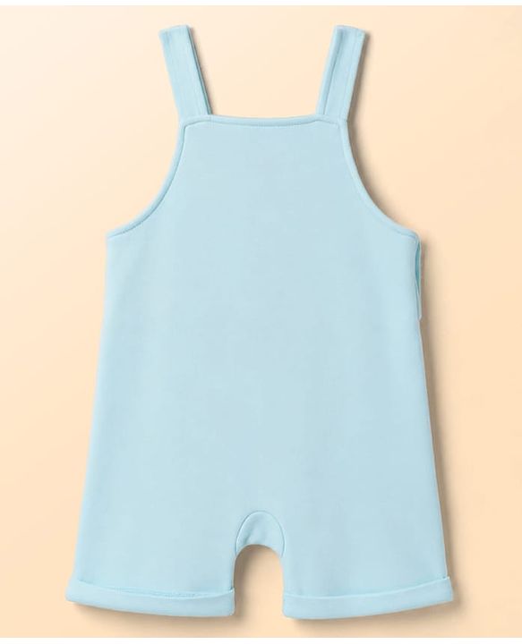 Babyhug 100% Cotton Knit Half Sleeves Striped & Bear Text Printed Dungaree With Inner Tee - Light Blue