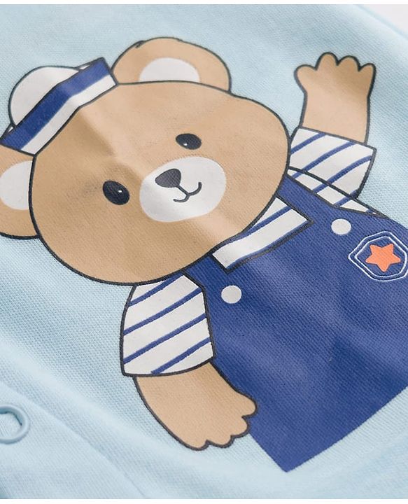 Babyhug 100% Cotton Knit Half Sleeves Striped & Bear Text Printed Dungaree With Inner Tee - Light Blue