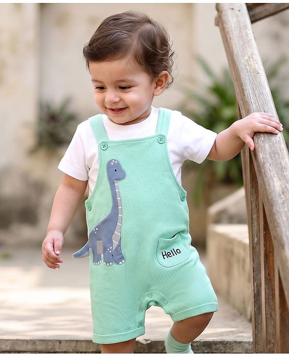 Babyhug 100% Cotton Single Jersey Knit Half Sleeves Dino Applique Dungaree With Inner Tee - White