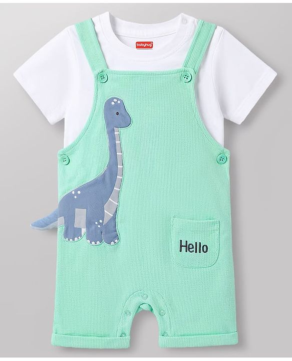 Babyhug 100% Cotton Single Jersey Knit Half Sleeves Dino Applique Dungaree With Inner Tee - White