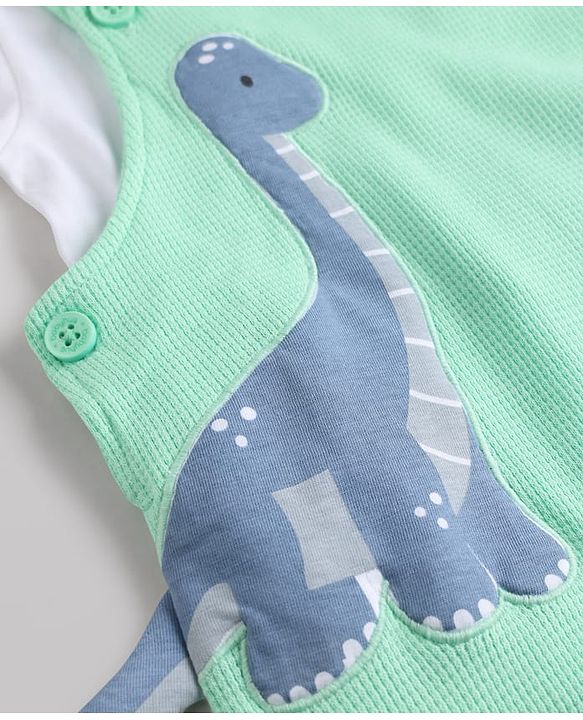 Babyhug 100% Cotton Single Jersey Knit Half Sleeves Dino Applique Dungaree With Inner Tee - White