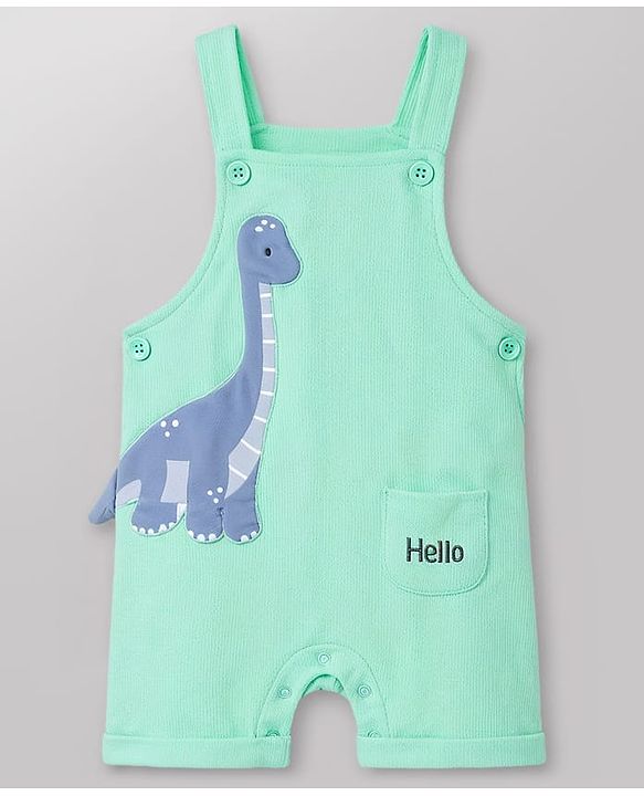 Babyhug 100% Cotton Single Jersey Knit Half Sleeves Dino Applique Dungaree With Inner Tee - White