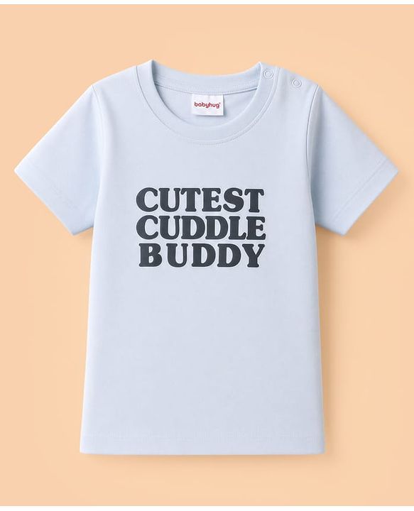 Babyhug 100% Cotton Knit Half Sleeves Striped & Animal Embroidered Dungaree With Text Printed Tee - Light Blue