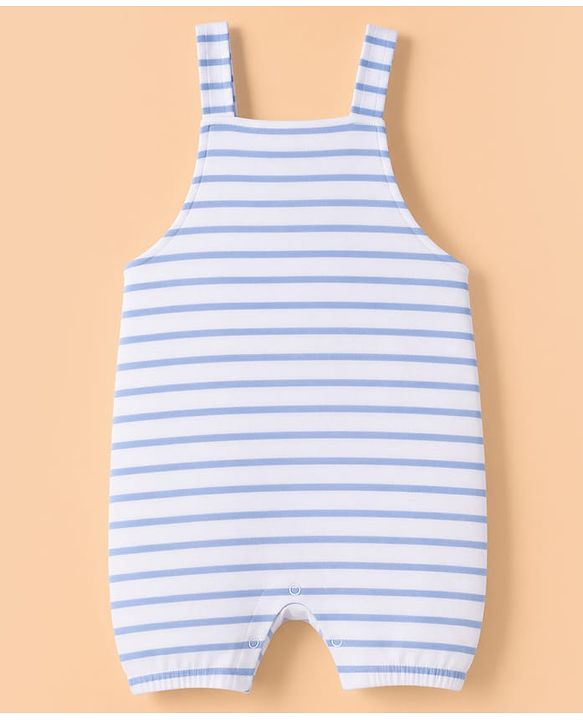 Babyhug 100% Cotton Knit Half Sleeves Striped & Animal Embroidered Dungaree With Text Printed Tee - Light Blue