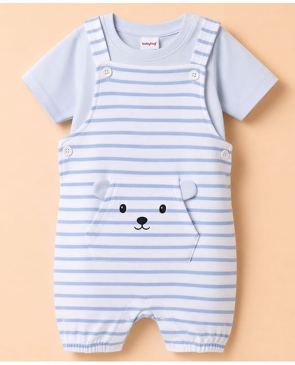 Babyhug 100% Cotton Knit Half Sleeves Striped & Animal Embroidered Dungaree With Text Printed Tee - Light Blue