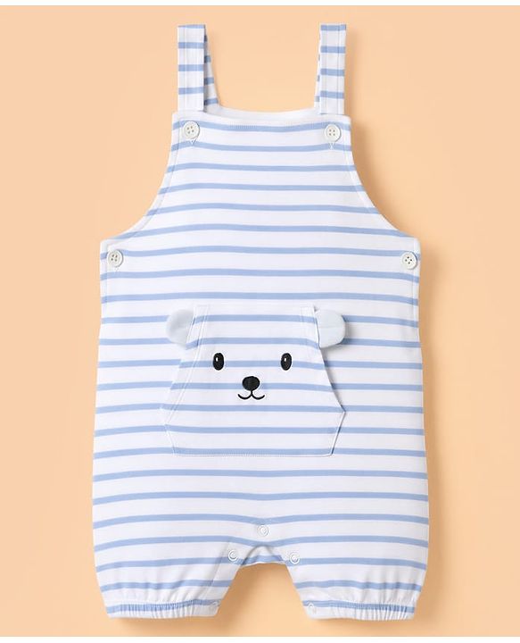 Babyhug 100% Cotton Knit Half Sleeves Striped & Animal Embroidered Dungaree With Text Printed Tee - Light Blue