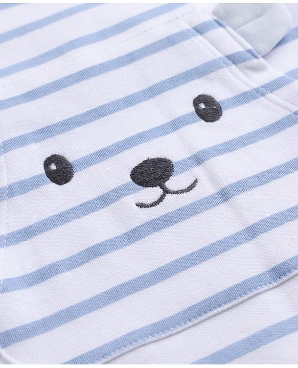 Babyhug 100% Cotton Knit Half Sleeves Striped & Animal Embroidered Dungaree With Text Printed Tee - Light Blue