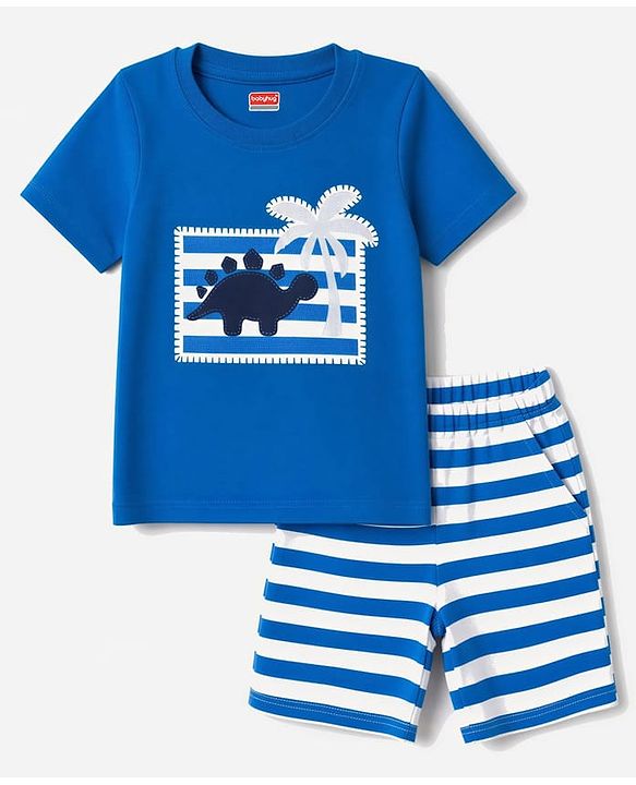 Babyhug 100% Cotton Interlock Knit Half Sleeves T-Shirt & Striped Shorts With Dino Print - Blue