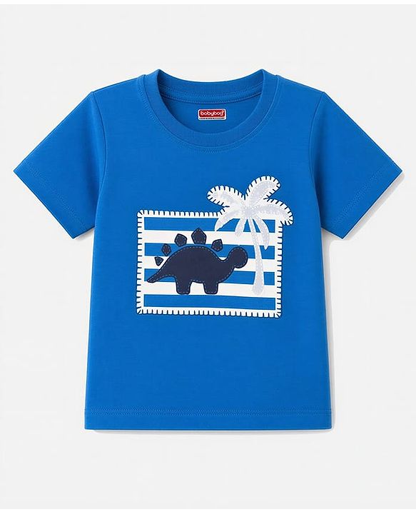 Babyhug 100% Cotton Interlock Knit Half Sleeves T-Shirt & Striped Shorts With Dino Print - Blue